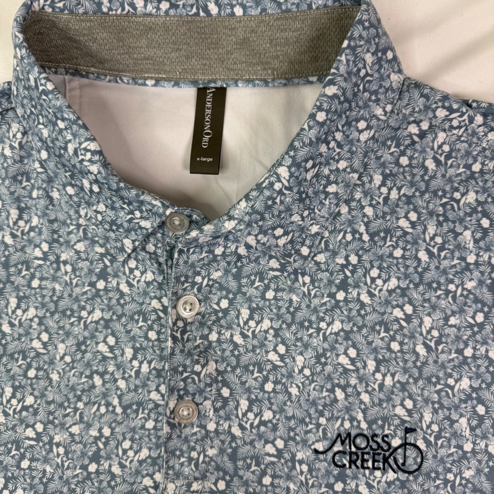 AndersonOrd Mens Annual Polo Shirt XL Blue Shadow White Floral Moss Creek New